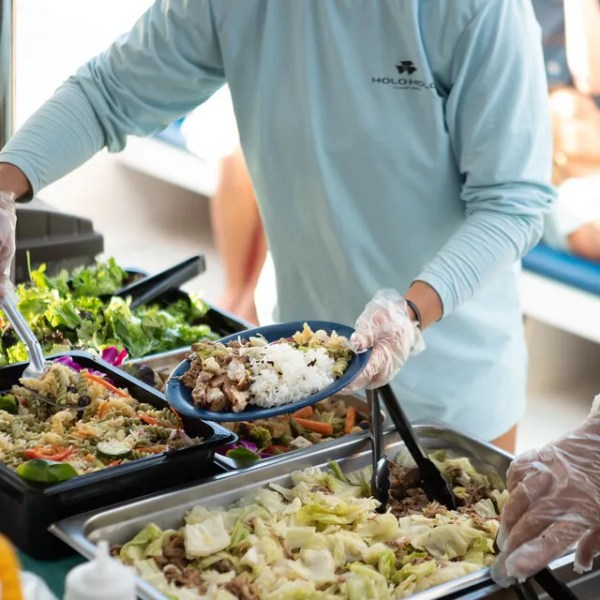 Person serving food from a buffet with salads and meat on a boat.